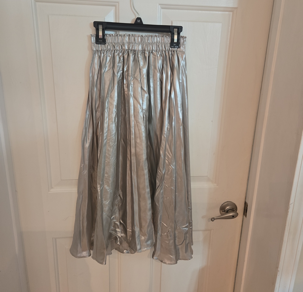 H&M Silver Metallic Pleated Midi Skirt